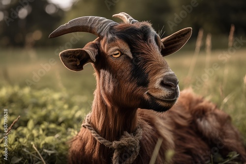 The muzzle is made of domestic brown goat. Focused attention. Generative AI