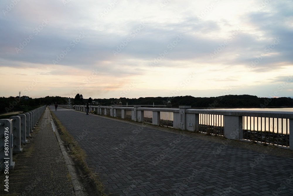 狭山湖、湖、所沢市、入間、埼玉、日本、自然、風景、11月、秋、夕方、夕景、すすき、日没、空、雲、景色、木、景観、眺め、広い、東屋、橋、