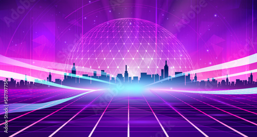 Digital technology metaverse neon blue pink purple background, cyber information, abstract speed connect communication, retro future meta tech, internet network connection, Ai big data illustration 3d