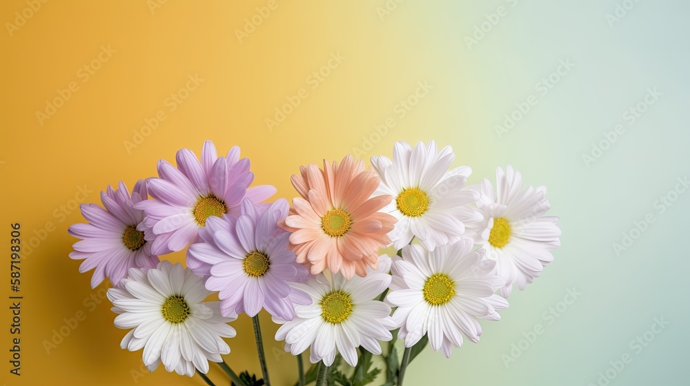 Fototapeta premium Fresh and delicate daisies on a pastel background, vibrant and colorful. Aesthetic and elegant floral composition. Generative AI