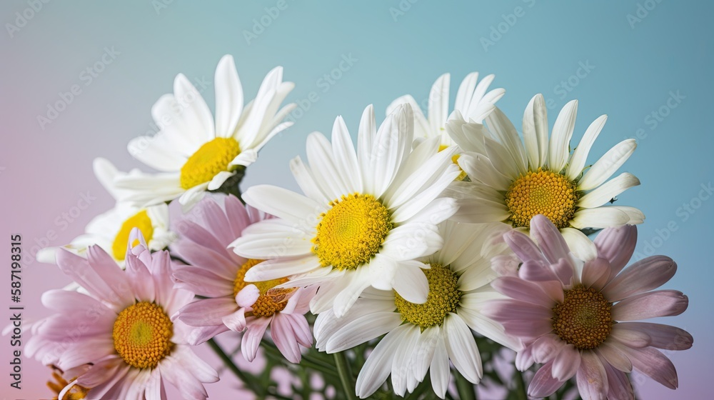 Obraz premium Fresh and delicate daisies on a pastel background, vibrant and colorful. Aesthetic and elegant floral composition. Generative AI