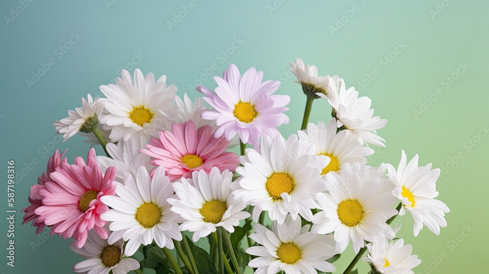 Obraz premium Fresh and delicate daisies on a pastel background, vibrant and colorful. Aesthetic and elegant floral composition. Generative AI