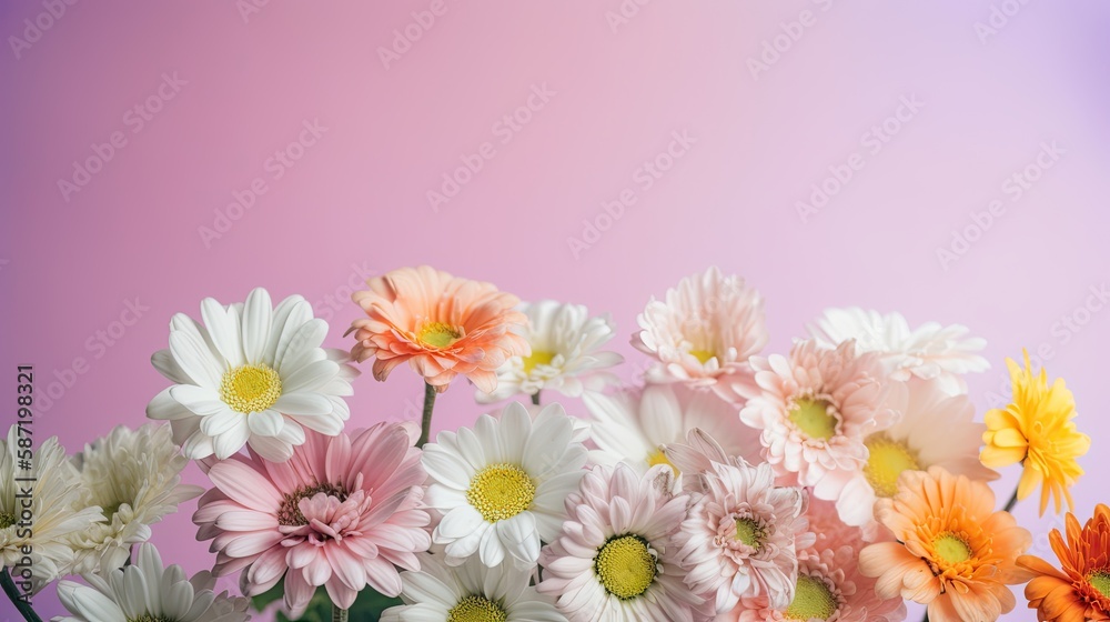 Fresh and delicate daisies on a pastel background, vibrant and colorful. Aesthetic and elegant floral composition. Generative AI