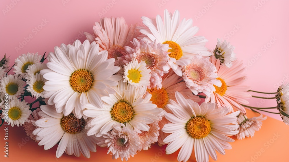 Obraz premium Fresh and delicate daisies on a pastel background, vibrant and colorful. Aesthetic and elegant floral composition. Generative AI