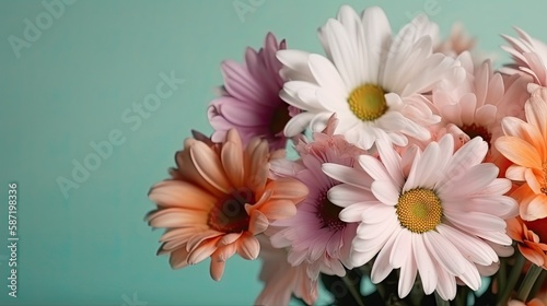 Fresh and delicate daisies on a pastel background  vibrant and colorful. Aesthetic and elegant floral composition. Generative AI