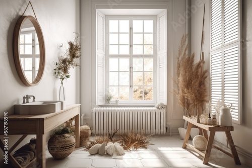 over the minimalist bathroom in the classic flat, windows with shutters, dry plants, ornament, ears, sheaf, and branch in vase, modern interior design. Generative AI