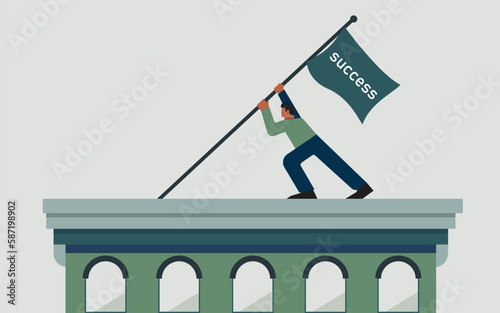 design vector of a man raising the flag of success, depicting a man who is working hard