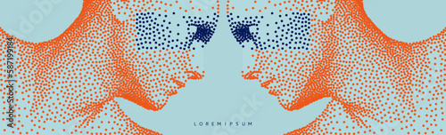 Two opponents facing each other. Conflict. People talk face to face. The concept of rivalry. Abstract digital human head made from dots. 3d vector illustration for banner, poster, cover or brochure.