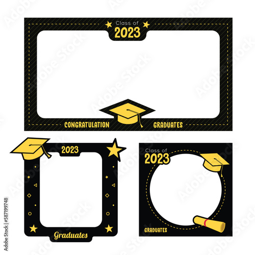 Graduation frames with academic caps, photo booth props. School graduation ceremony frame for selfie photo