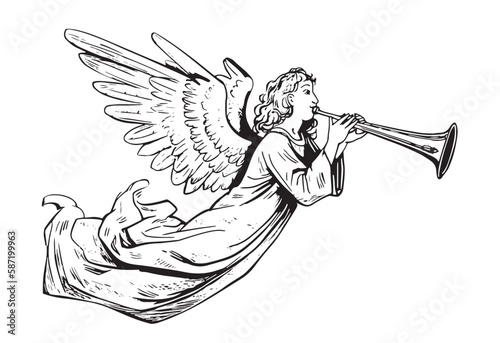 Angel flying and playing on the pipe hand drawn sketch illustration