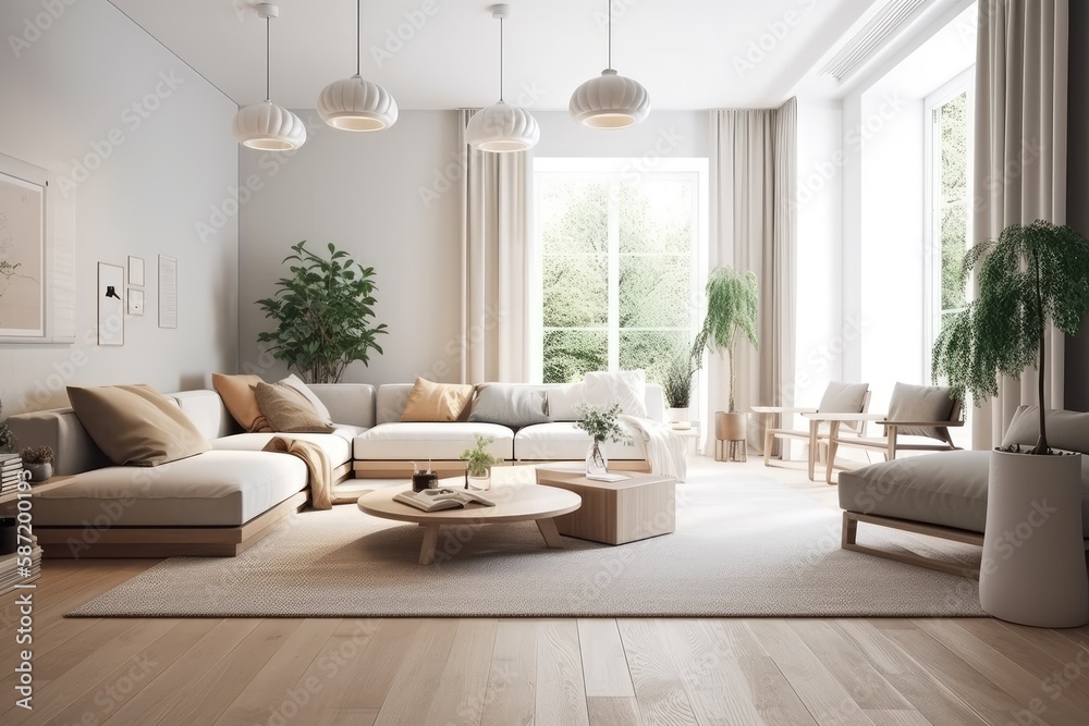 Spacious Living Room with Large Window and Cozy Furniture. Generative AI Spacious Living Room with Large Window and Cozy Furniture. Generative AI