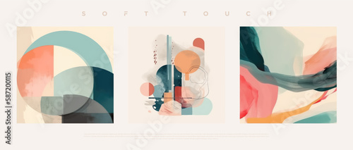 Minimalist hand painted wall art pastel colored composition on bone background. Modern geometric elegant abstract wallpaper set for poster, wedding card, cover design, banner etc… vector illustration