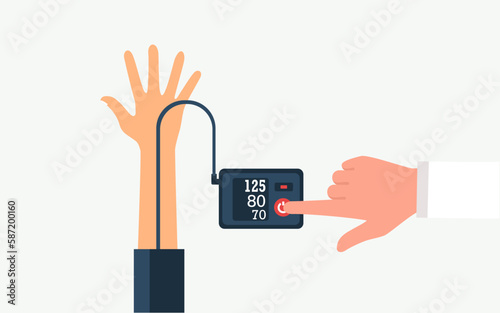 Doctor measuring patient blood pressure. digital device to measure Blood Pressure. vector illustration