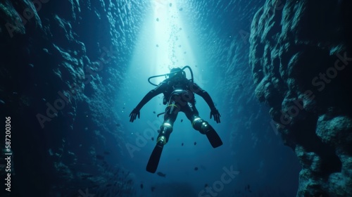 Discovering the Wonders of the Underwater World: Scuba Diver Exploration. Generative ai © _veiksme_