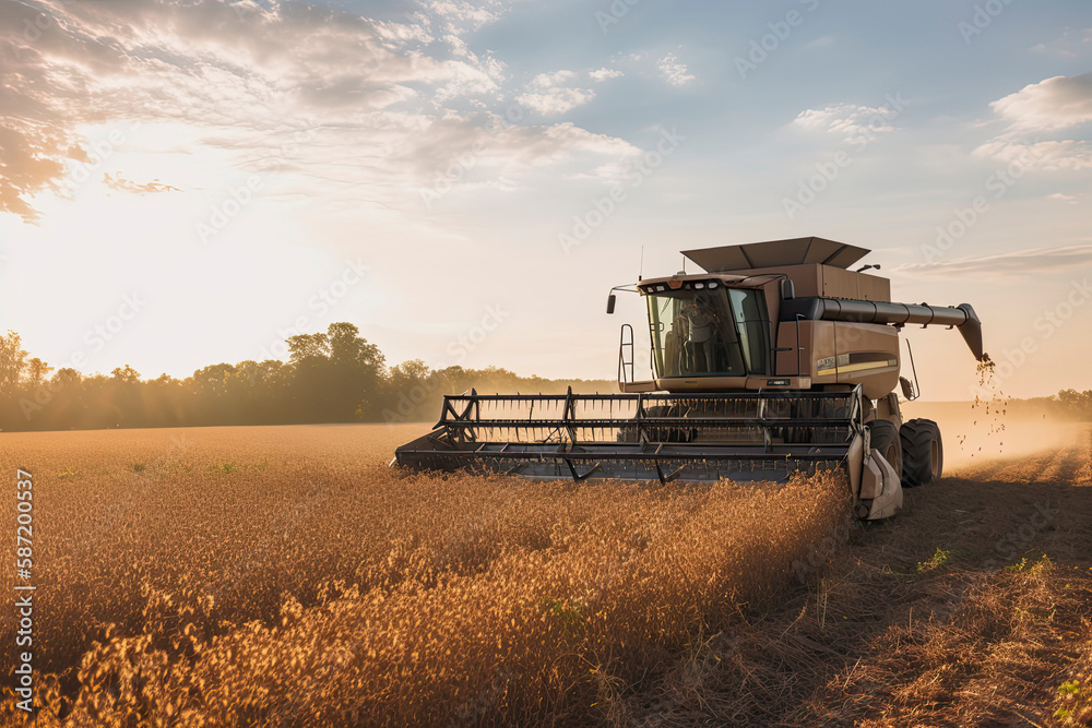 Fototapeta premium Harvesting of soybean field with combine