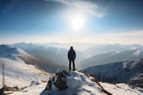 Man standing on the top of a snowcapped mountain peak. Panoramic view