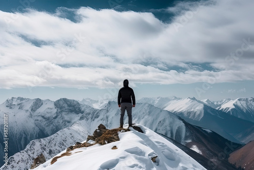 Man standing on the top of a snowcapped mountain peak. Panoramic view