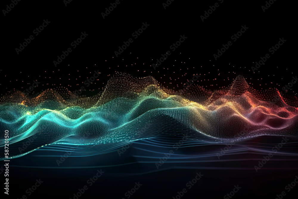 Abstract wave background with many glowing particles. Musical wave. Digital network background. 3D - obrazy, fototapety, plakaty 