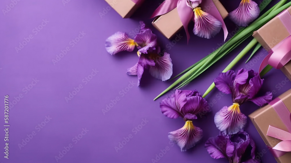 Obraz premium bouquet of purple and white tulips, purple background, top View, copy Space 