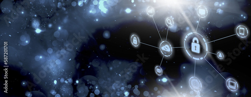  Cyber, personal data, privacy and information security. Internet networking  protection security system concept background. Padlock icon. Banner. Copy space.