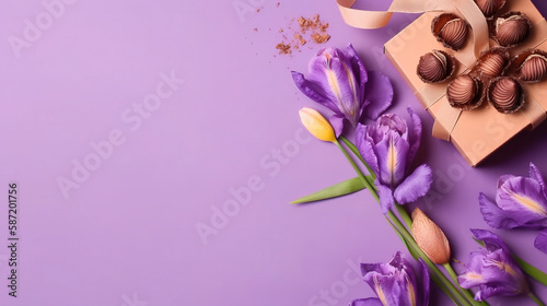 bouquet of flowers, purple background, top View, copy Space 