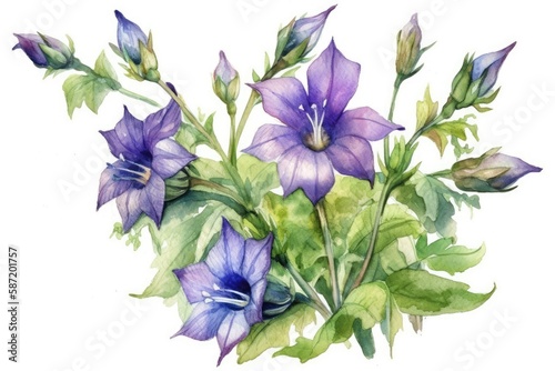 purple flowers with green leaves in a botanical painting. Generative AI