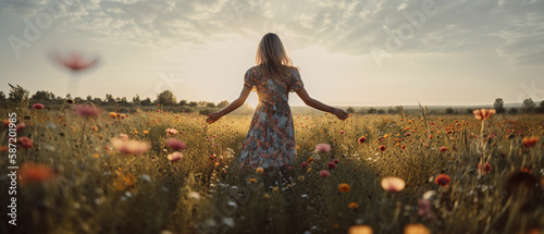 Blonde woman on summer dress standing in wildflowers field, Generative AI