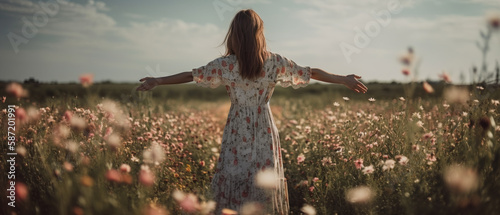 Female on long summer dress standing open arms in wildflowers field, Generative AI photo