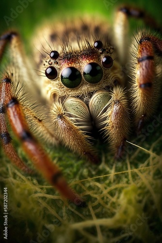 Beautiful spider in a grass, close-up macro. Created using generative AI tool.