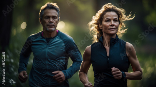 Image Generated AI. Mid age couple running in the park, Generative AI