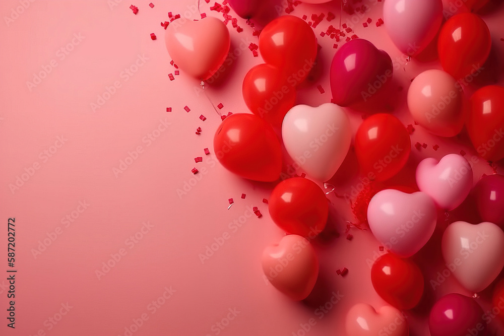 red balloons in the shape of heart, red background, copy Space, top View