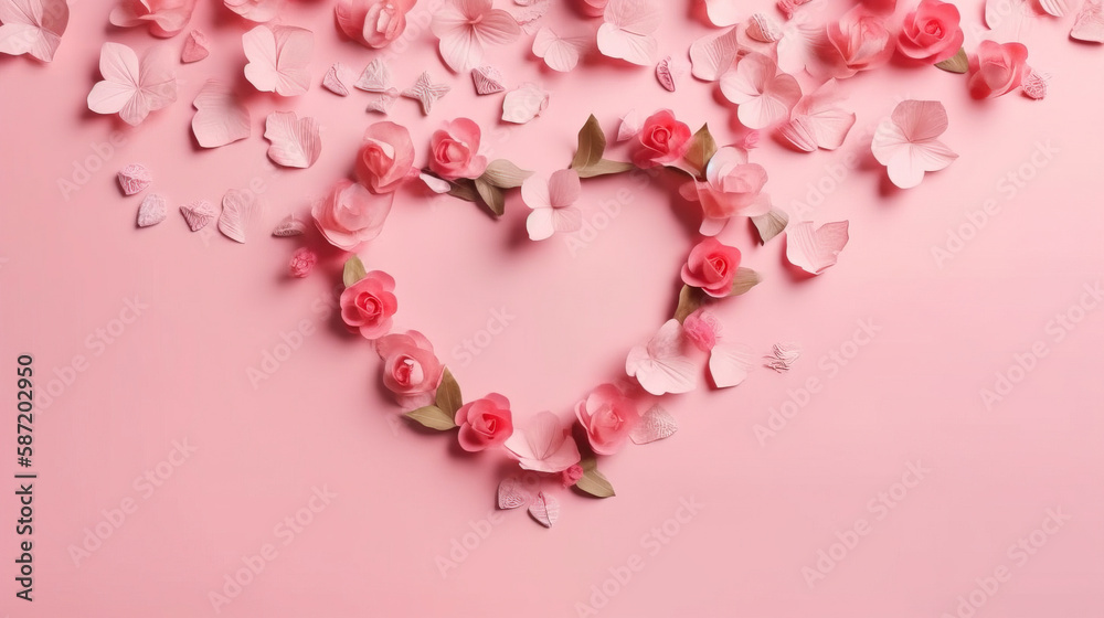 pink rose petals, pink background, top View, copy Space valentine, 