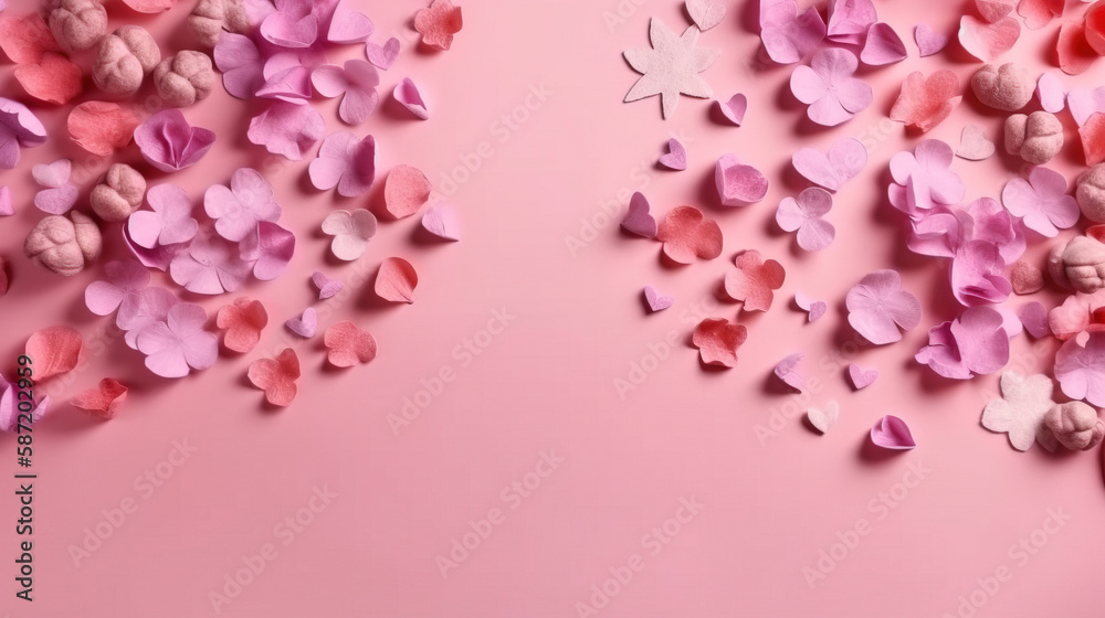 Fototapeta premium pink cherry blossom, pink background, top View, copy Space valentine, 