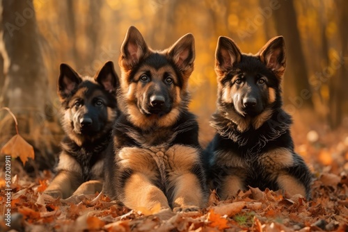 Three German shepherd pups are seated on the autumnal leaves. Generative AI