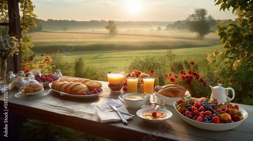 Delightful breakfast outdoors in the pastoral scenery