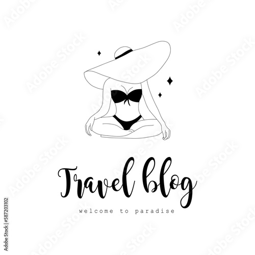 Logo design for travel blog or tour agency. Contemporary minimalist woman in black swimsuit. Hand drawn vector illustration in line art style.
