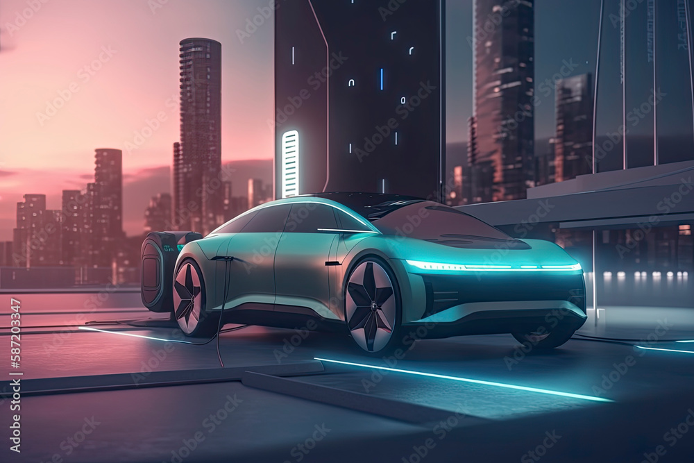 electric vehicle at a charging station in the city. All items in the scene are 3D, charging station and concept cars are not based on any real ones electric vehicle at a charging station in the city. All items in the scene are 3D, charging station and concept cars are not based on any real ones