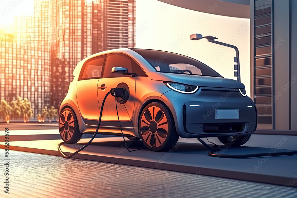 Fototapeta premium electric vehicle at a charging station in the city. All items in the scene are 3D, charging station and concept cars are not based on any real ones