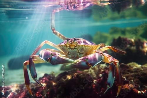 Crab in the aquarium. Generative AI.