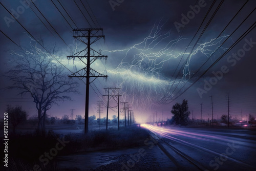 Lightning Struck Power Lines. Generative AI