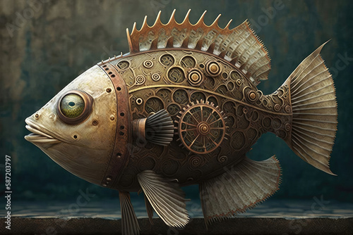 Steampunk Gear Fish. Generative AI