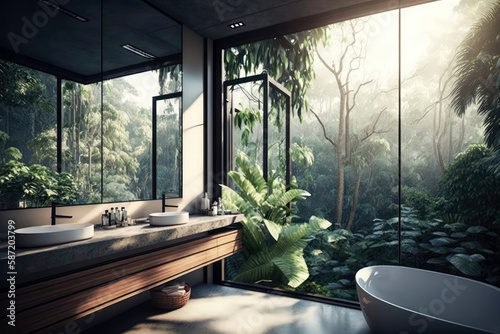 Stylish Modern Bathroom With Large Windows Overlooking with a rainforest. Generative AI