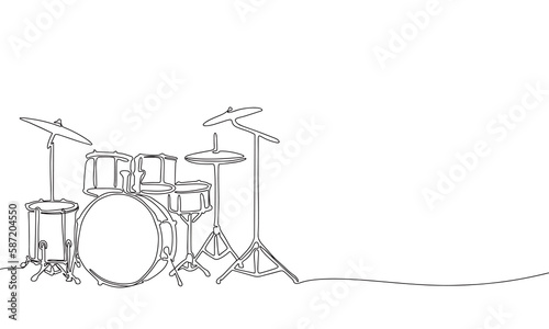 One line continuous drum kit, drum set, trap set, drums line art illustration.
