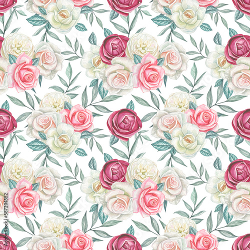 Seamless floral pattern with watercolor white and pink roses