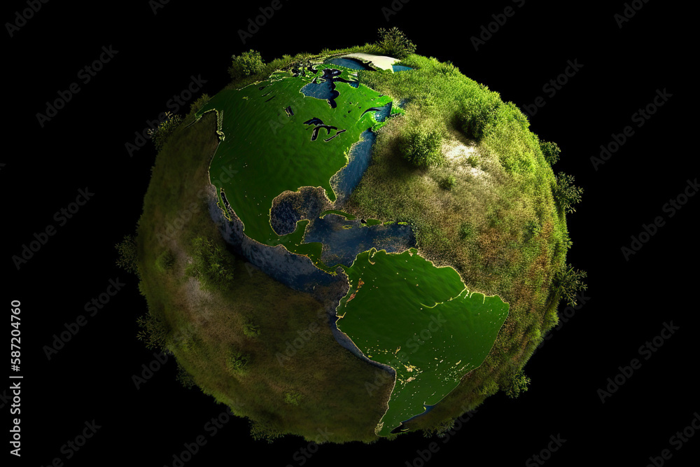 Conceptual green Earth with grass and trees. World map derived from NASA - obrazy, fototapety, plakaty 