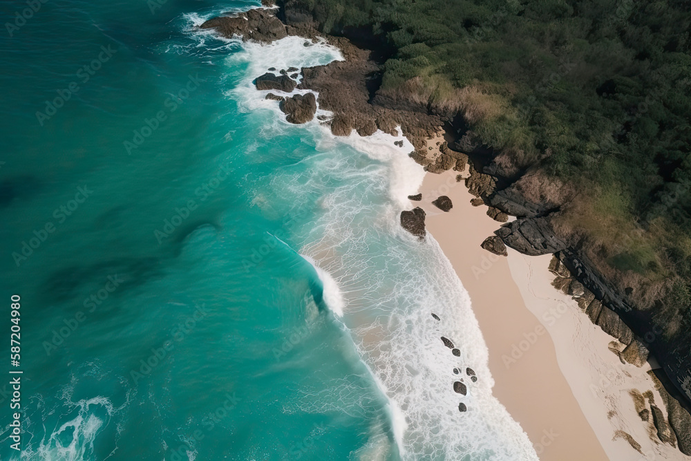 drone view of beach with waves and turquoise water