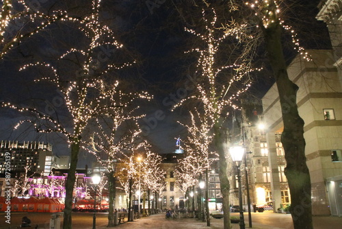 Het Plein in Den Haag met verlichte bomen voor de feestdagen