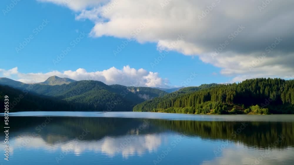 Peaceful And Relaxing View Of A Mountain Lake Surrounded By Mountains Green Mountains With Fluffy White Clouds In The Background And A Clear Blue Sky, Paltinu Dam, Romania