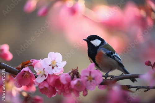 Photograph of Peach blossoms Scenery on which bird is sitting on a branch. Generative AI.