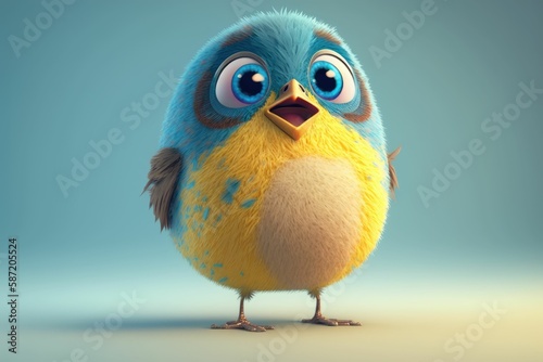 Happy furry and cute yellow and Blue Bird. Generative AI.